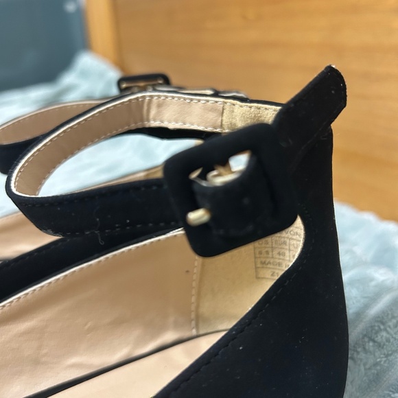 Black Suede Kitten Heels With Adjustable Buckle - Picture 3 of 11